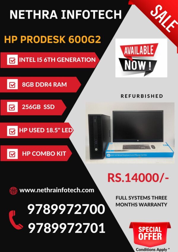 HP DESKTOP 600G2 FULL SYSTEM(Intel Core i5 – 6th Generation,8GB DDR4 RAM,256GB EVM SSD,HP 18.5” Used LED,HP Combo Kit)